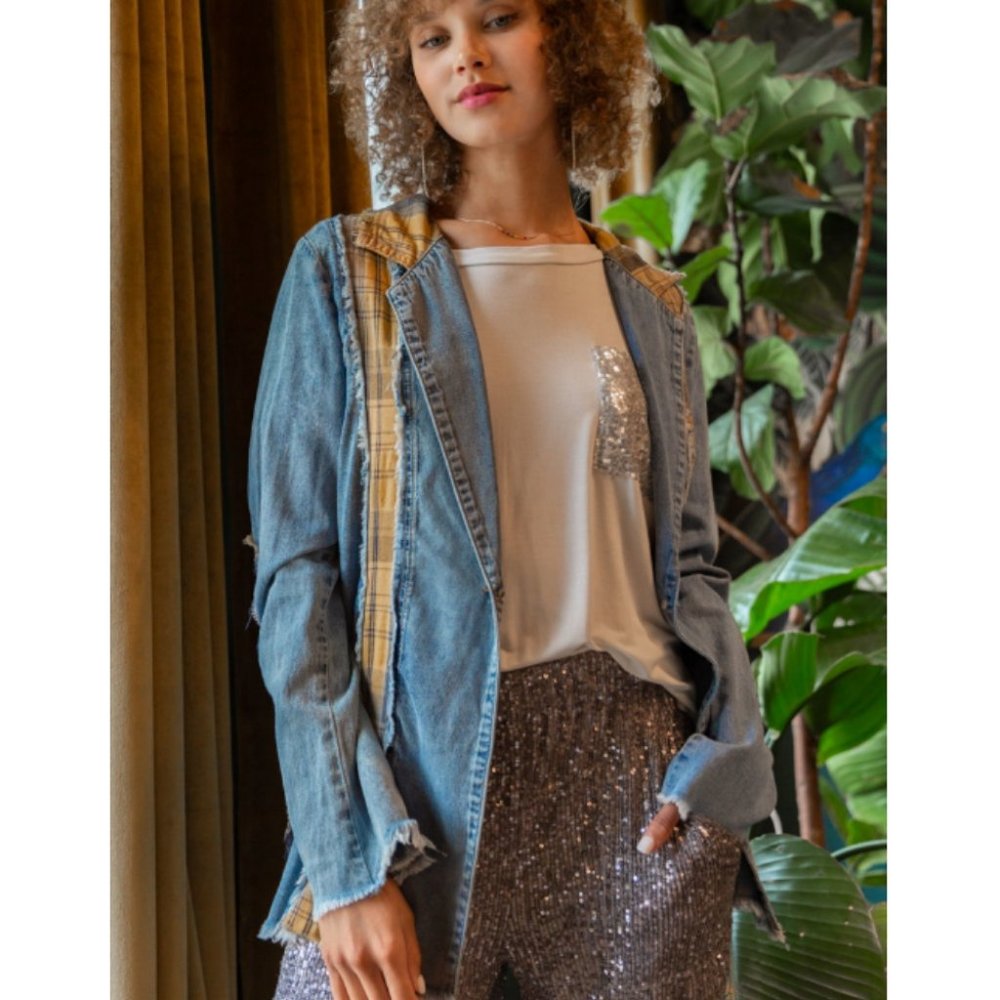 30616 POL Plaid Sliced Denim Blazer